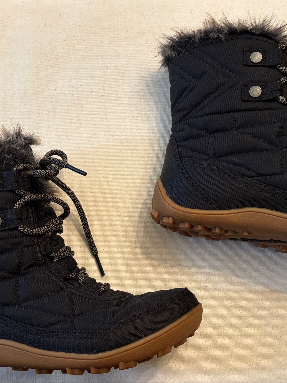 Columbia Black Winter Boots with Brown Outsole and Faux Fur Cuff